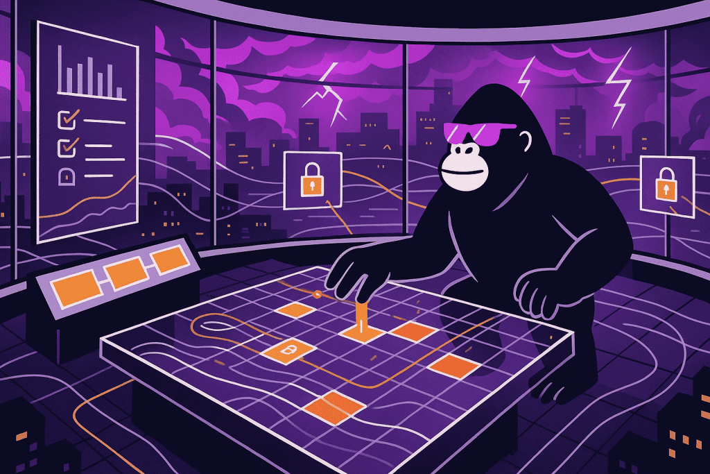 A cyber-gorilla strategizes at a futuristic console, locking down threats and tracking metrics—symbolizing how CISOs proactively manage cyber risk.