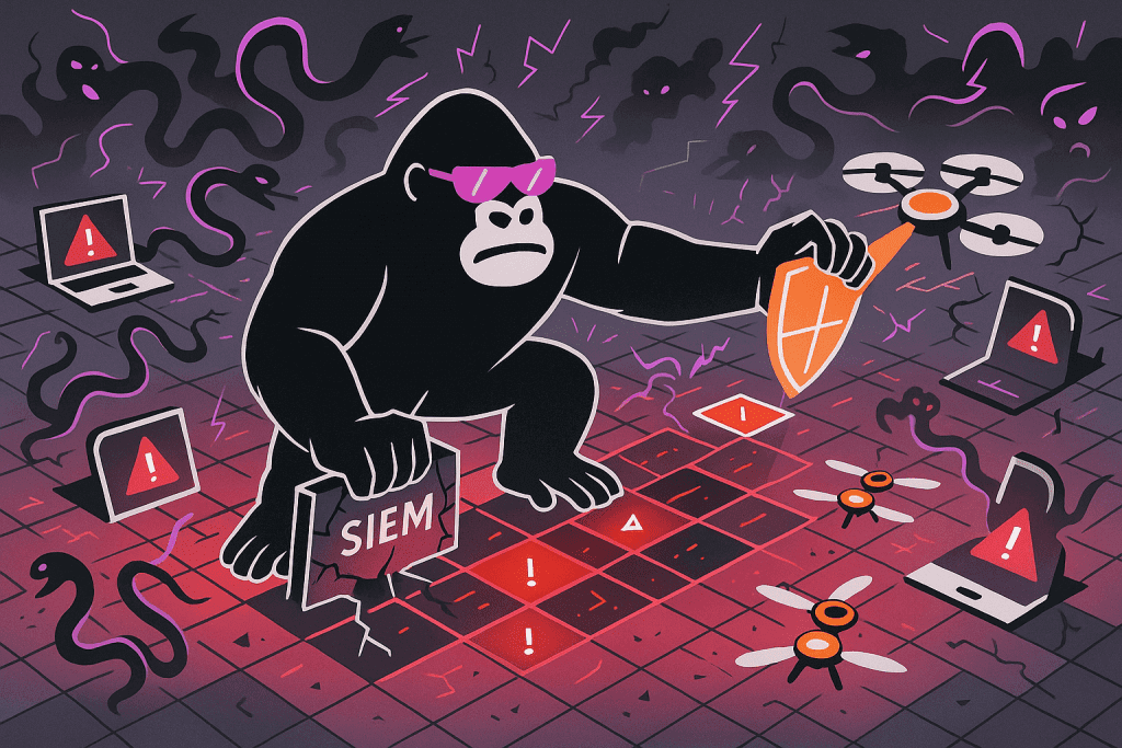A vigilant gorilla deploys drones and wields SIEM and shield to defend against digital threats—symbolizing elite cybersecurity incident response.