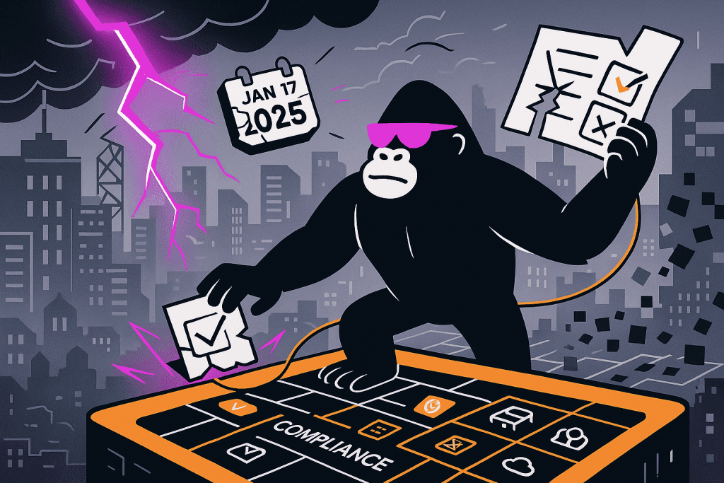 Gorilla enforces compliance on a stormy 2025 cityscape, tearing invalid checklists and verifying tasks on a glowing dashboard marked “COMPLIANCE”.