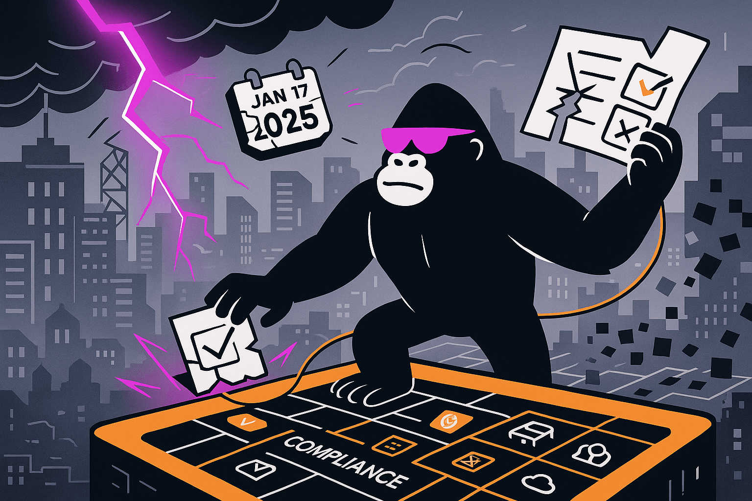Gorilla enforces compliance on a stormy 2025 cityscape, tearing invalid checklists and verifying tasks on a glowing dashboard marked “COMPLIANCE”.