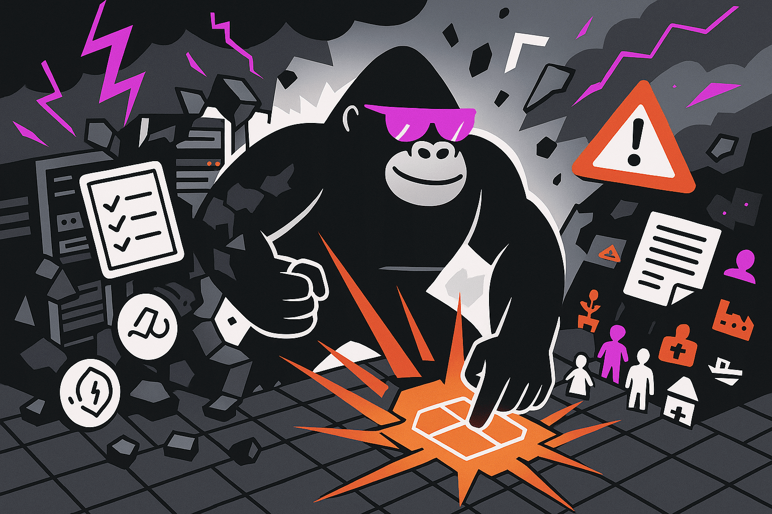 Gorilla smashes a glowing control tile amid collapsing systems, hitting reset during crisis with warnings, checklists, and icons of critical sectors.