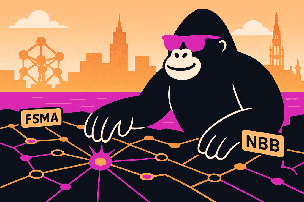 Gorilla in sunglasses connects network nodes labeled FSMA and NBB over a Belgium cityscape with Atomium and buildings in the background.