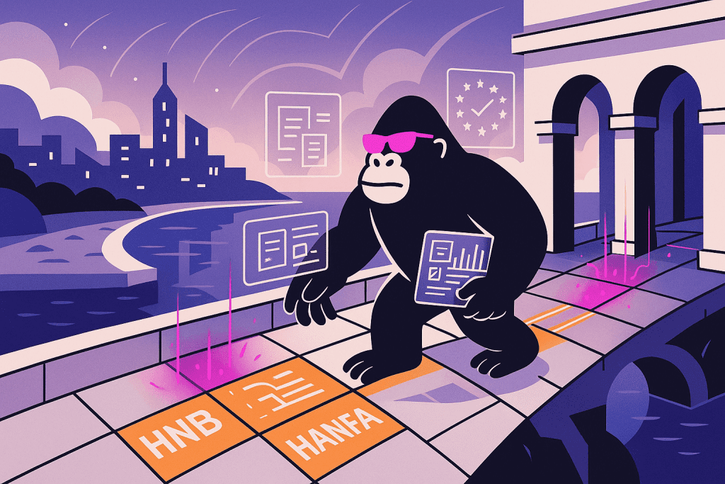 A vigilant gorilla walks a glowing path marked HNB and HANFA, analyzing cyber policies to ensure Croatia’s financial stronghold meets DORA compliance.
