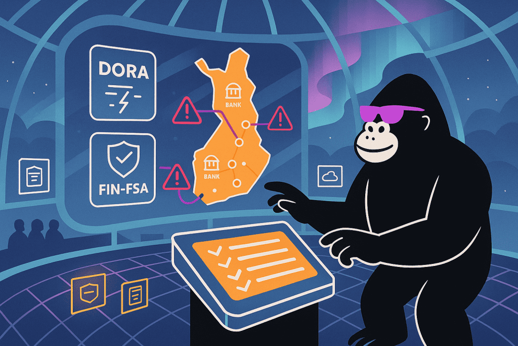 A vigilant gorilla monitors Finland’s banks under DORA and FIN-FSA guidance, flagging alerts and ticking compliance checklists under aurora-lit skies.