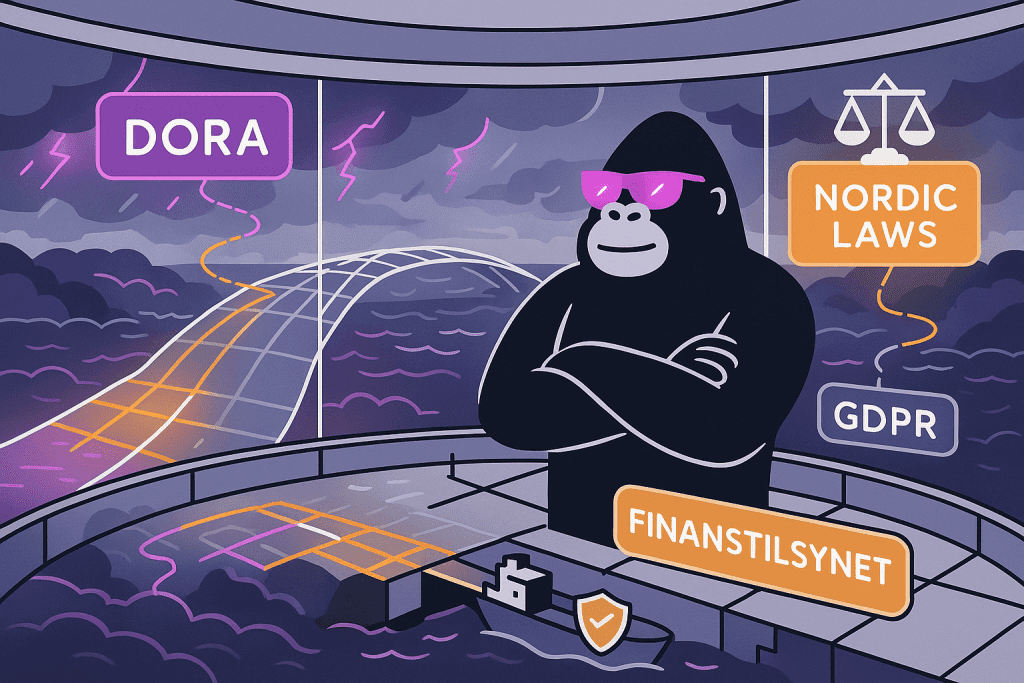 A confident gorilla stands above Nordic waters, arms crossed, bridging DORA, GDPR, and Nordic laws under the watch of Norway’s Finanstilsynet.