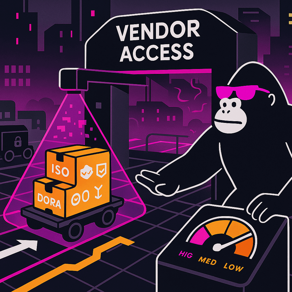 A vigilant gorilla scans inbound vendor crates under a glowing portal labeled "Vendor Access," rating compliance risk from high to low with precision.