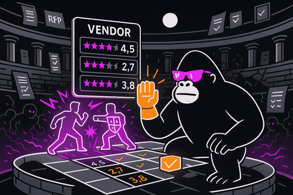 Gorilla halts vendor combat in a digital coliseum, analyzing star ratings and scores—symbolizing strategic vendor selection and procurement.