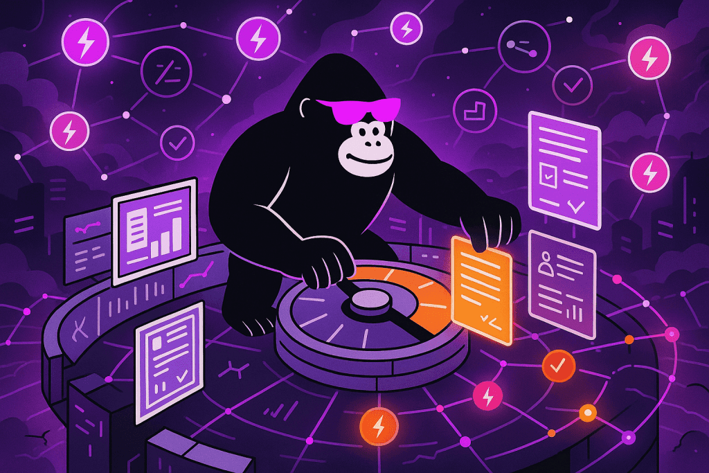 A gorilla oversees a glowing TPRM dashboard, surrounded by floating reports, metrics, and energy nodes, calibrating risk levels with precision and control.