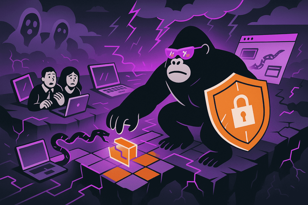 Gorilla shields users from slithering cyber threats, locking down a glowing endpoint—illustrating proactive defense against 2025's top security risks.