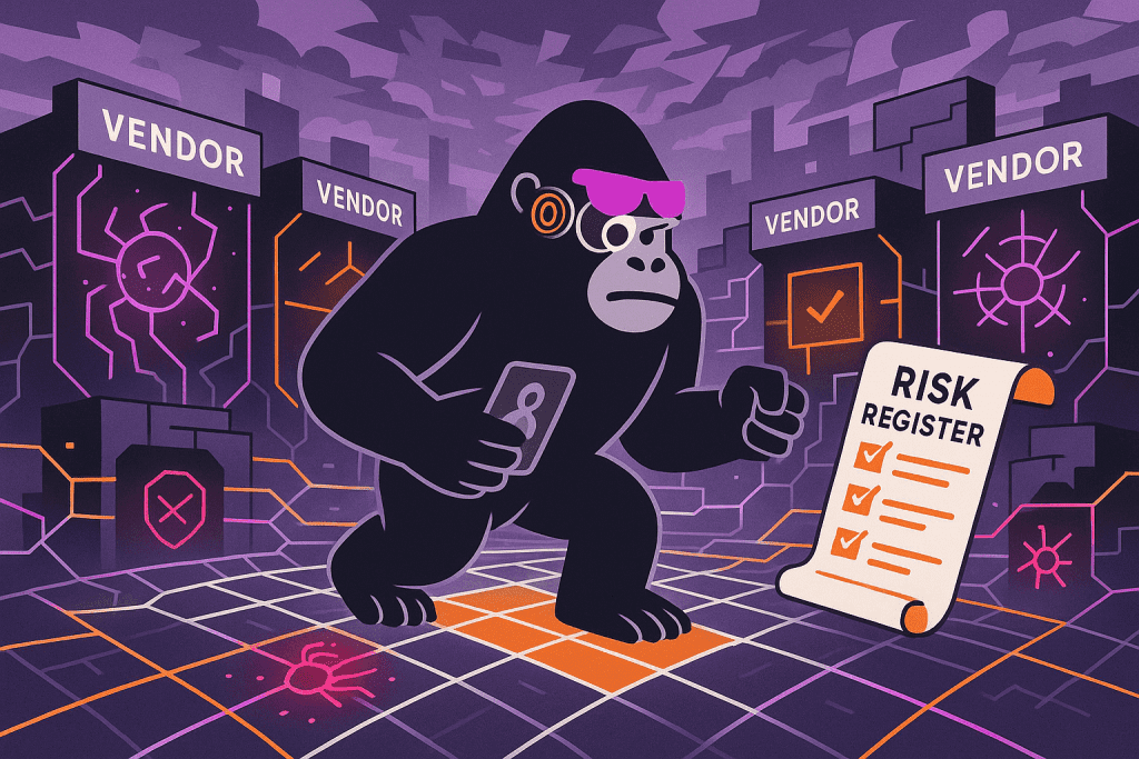 Gorilla scans failing vendors, securing systems through a verified risk register—illustrating 2025’s proactive vendor risk assessment approach.