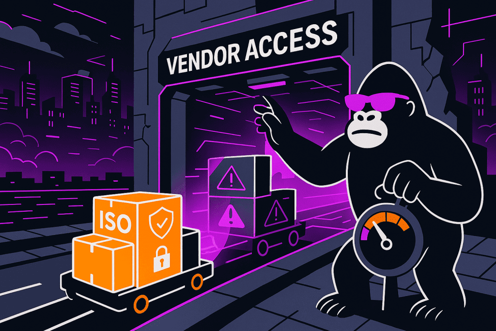 A gorilla guards a vendor access gate, blocking risky packages and approving secure ISO-compliant ones, holding a risk meter in a cyberstorm-lit city.