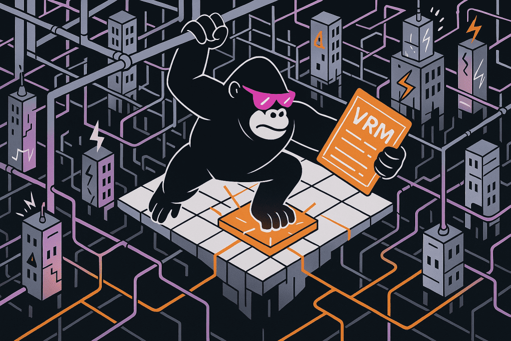 Gorilla in pink sunglasses clutches a VRM plan while navigating a maze of electrified city buildings, balancing on a digital grid platform.