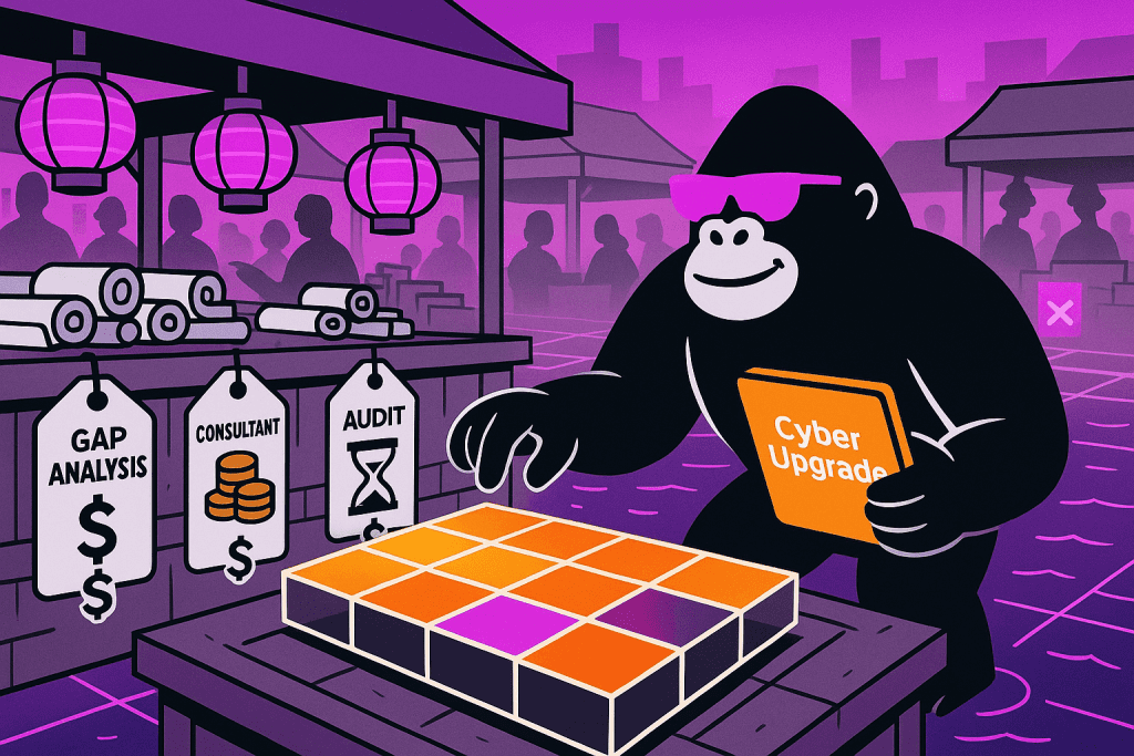 Gorilla browses a cyber marketplace comparing gap analysis, audit, and consultant costs, planning a “Cyber Upgrade” using a glowing assessment board.