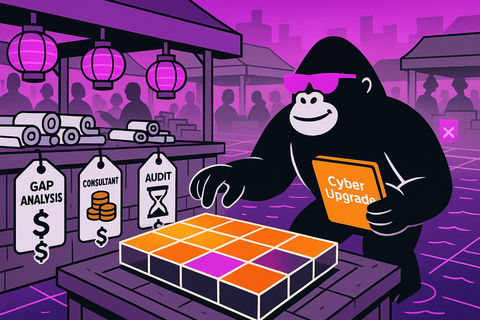 Gorilla browses a cyber marketplace comparing gap analysis, audit, and consultant costs, planning a “Cyber Upgrade” using a glowing assessment board.