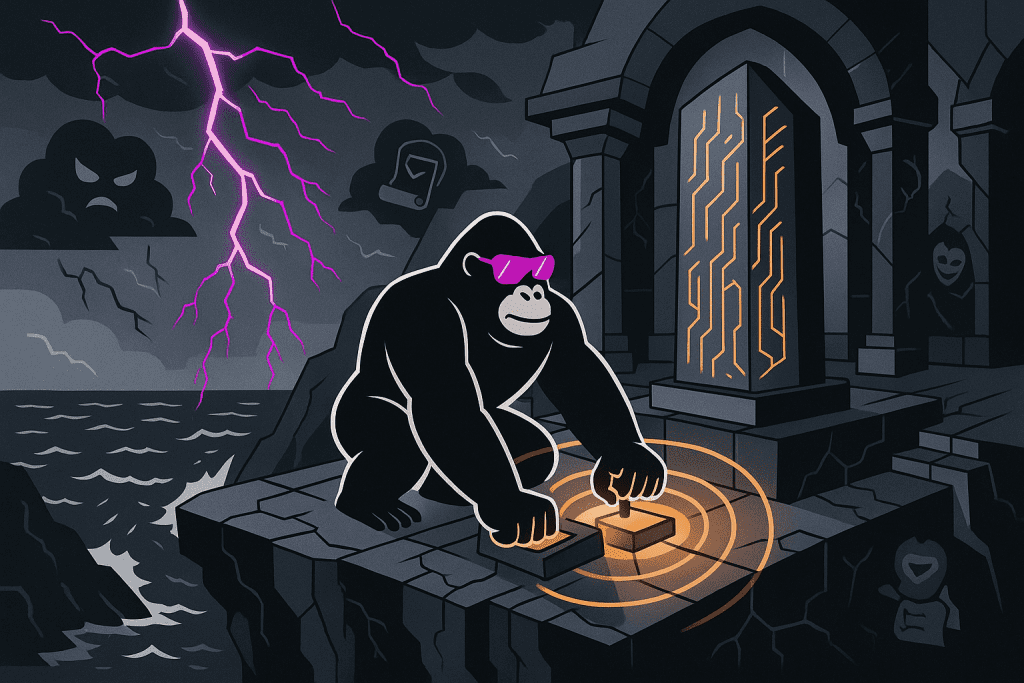 Gorilla activates a cyber obelisk in a stormy temple, symbolizing ISO 27001 implementation amid looming digital threats.
