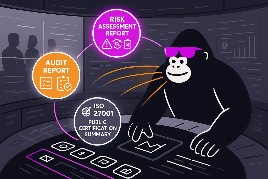 Gorilla analyzes a digital dashboard, linking risk assessment, audit, and ISO 27001 certification data in a high-tech control room with observers nearby.