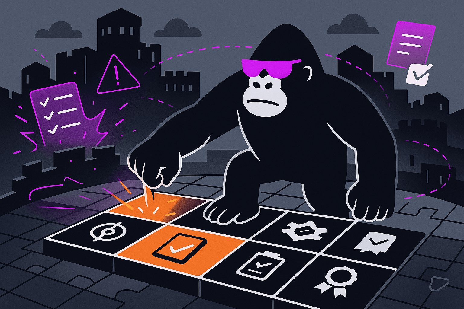 Gorilla taps a glowing checkbox on a grid of compliance icons, stabilizing a dark fortress city as checklists and warnings swirl through the air around him.