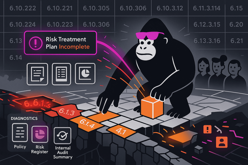 A gorilla fills missing ISO 27001 control blocks while an alert reads “Risk Treatment Plan Incomplete,” highlighting compliance gaps and urgency.