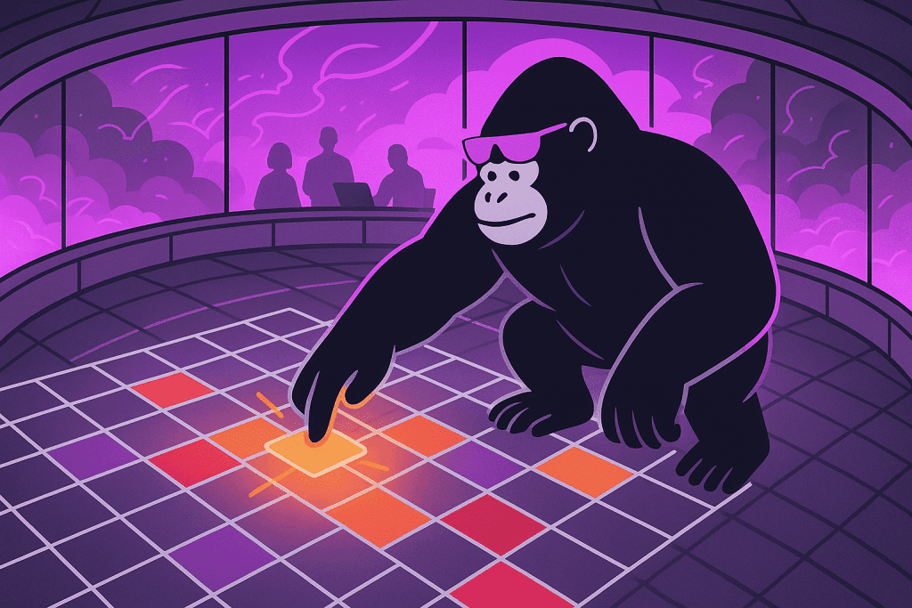 Gorilla in pink shades selects a glowing tile on a risk matrix in a control room, symbolizing ISO 27001 risk assessment and decision-making.