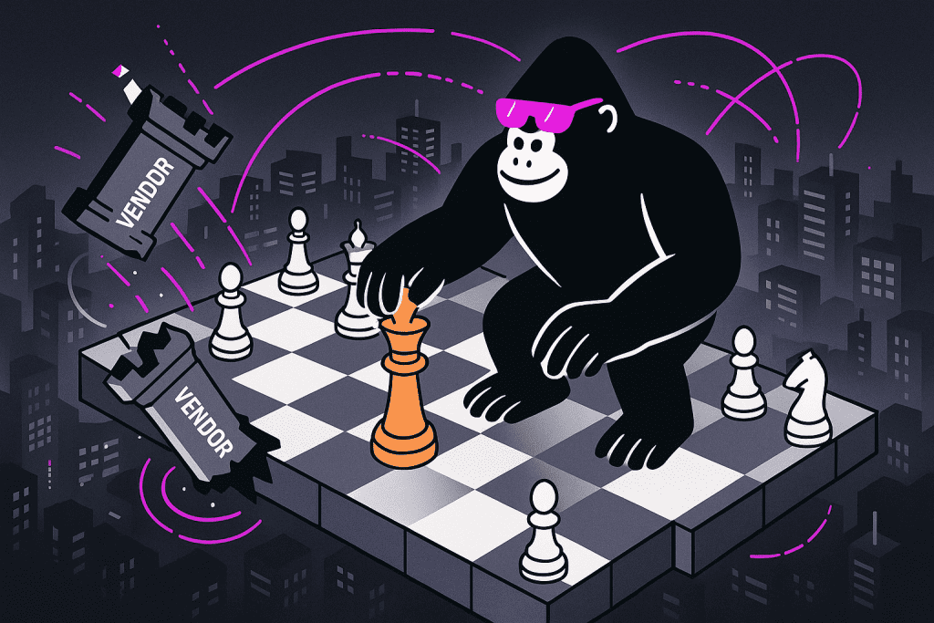 Gorilla in pink glasses plays chess on a city rooftop, strategically placing a king while broken vendor pieces fall off the board, symbolizing risk management.