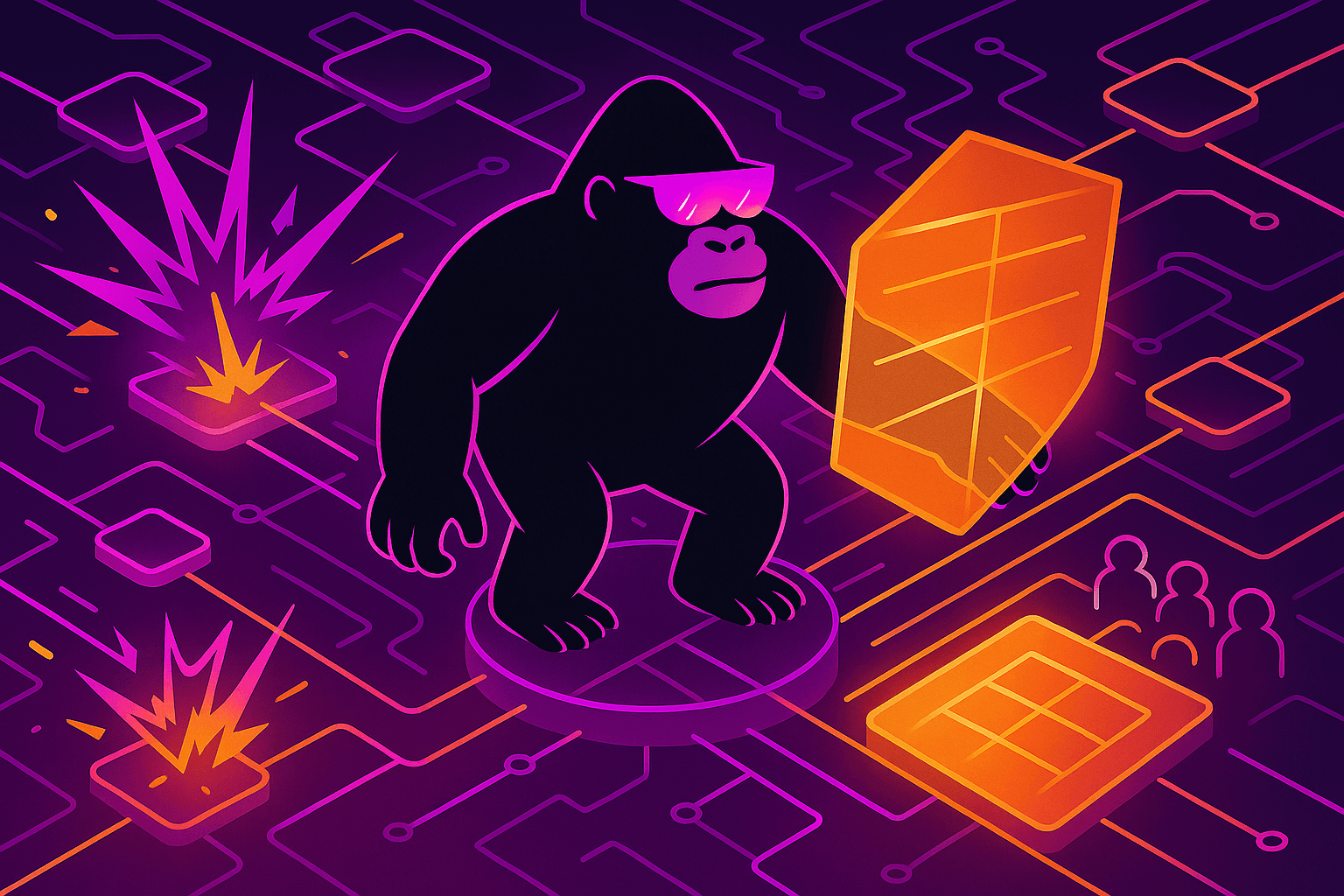 Gorilla holds a glowing shield while standing on a digital circuit, protecting people and systems from cyber explosions erupting across the network path.