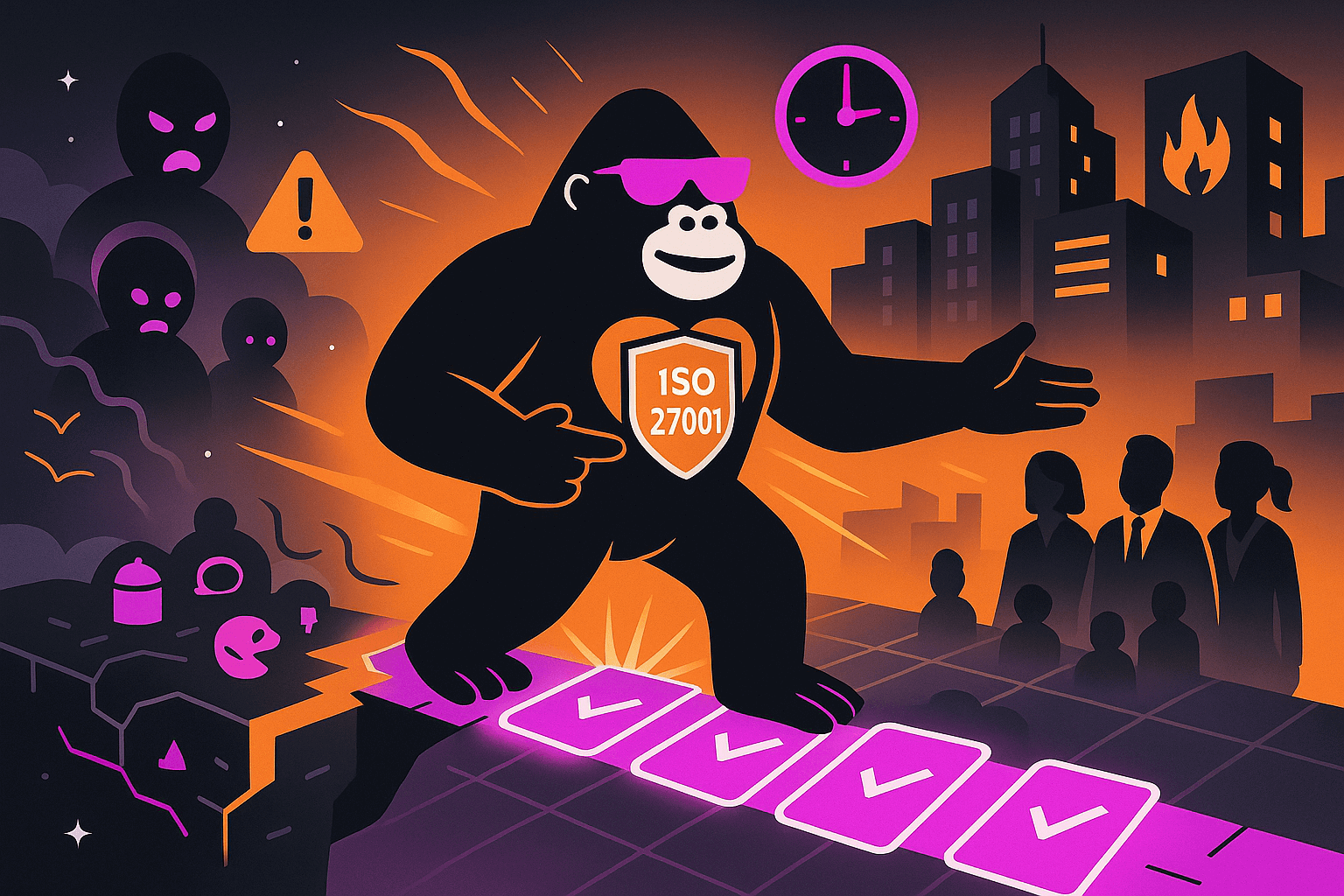 Gorilla with ISO 27001 shield walks a path of checkmarks from cyber threats toward a city and people, protecting against chaos and securing resilience.