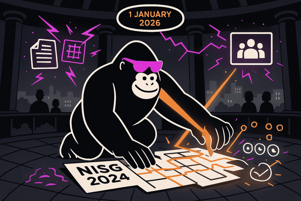 Gorilla in a dome draws on a map labeled “NISG 2024,” with “1 January 2026” above, symbolizing Austria’s NIS2 implementation timeline and planning.