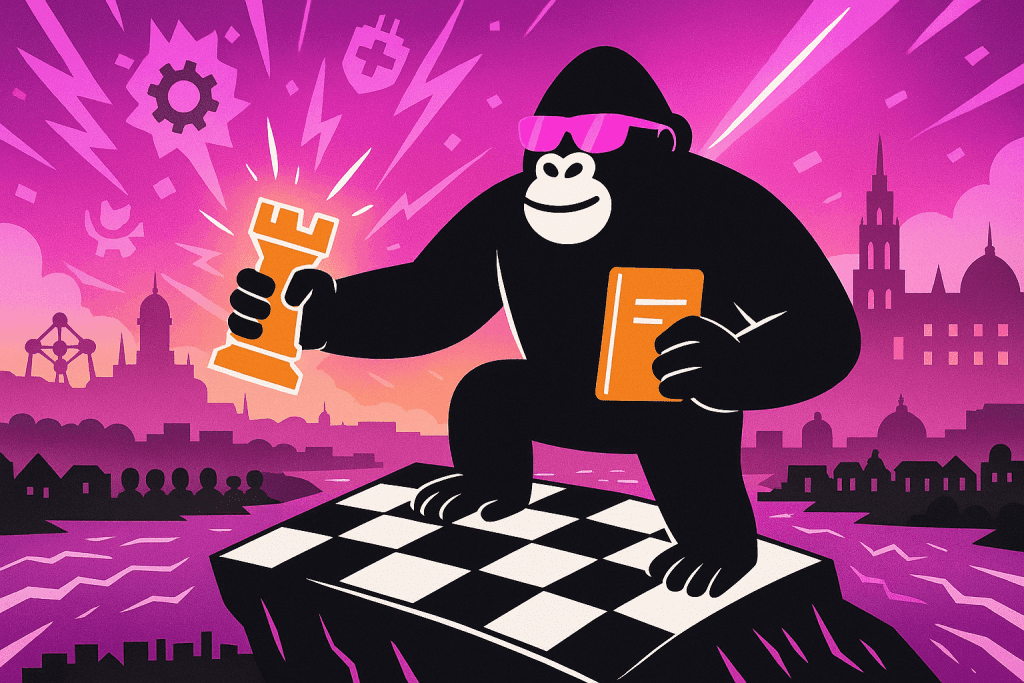 Gorilla holding a chess rook and document stands on a chessboard platform over water, with Belgian cityscape behind and symbols of cybersecurity above.