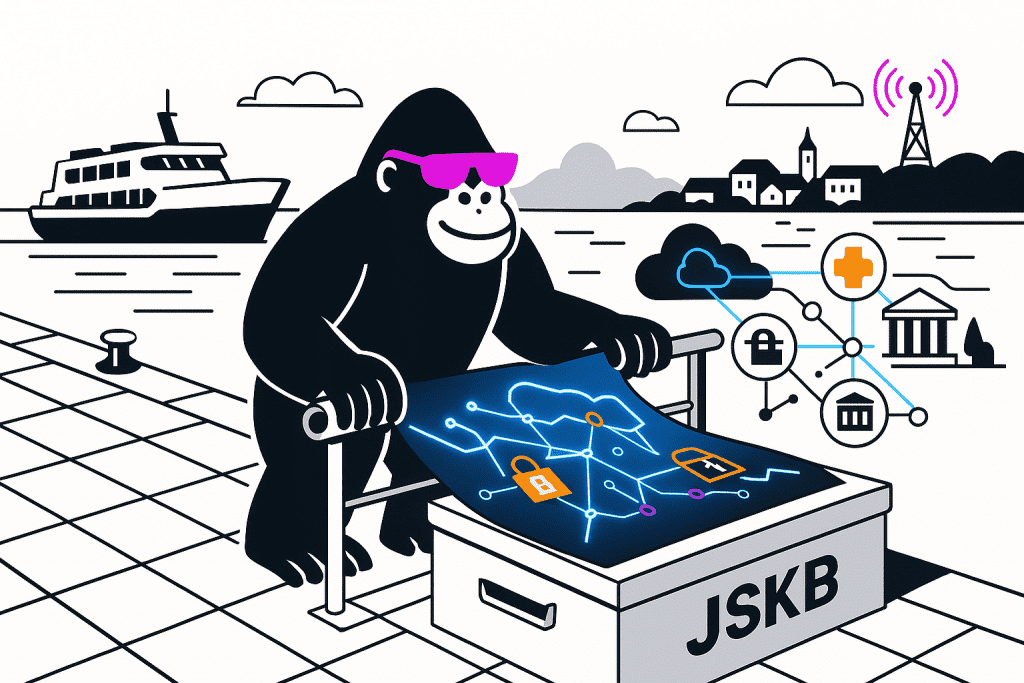 Cartoon gorilla in pink sunglasses studies a digital security map on a dock; ferry and coastal town with radio tower in background.