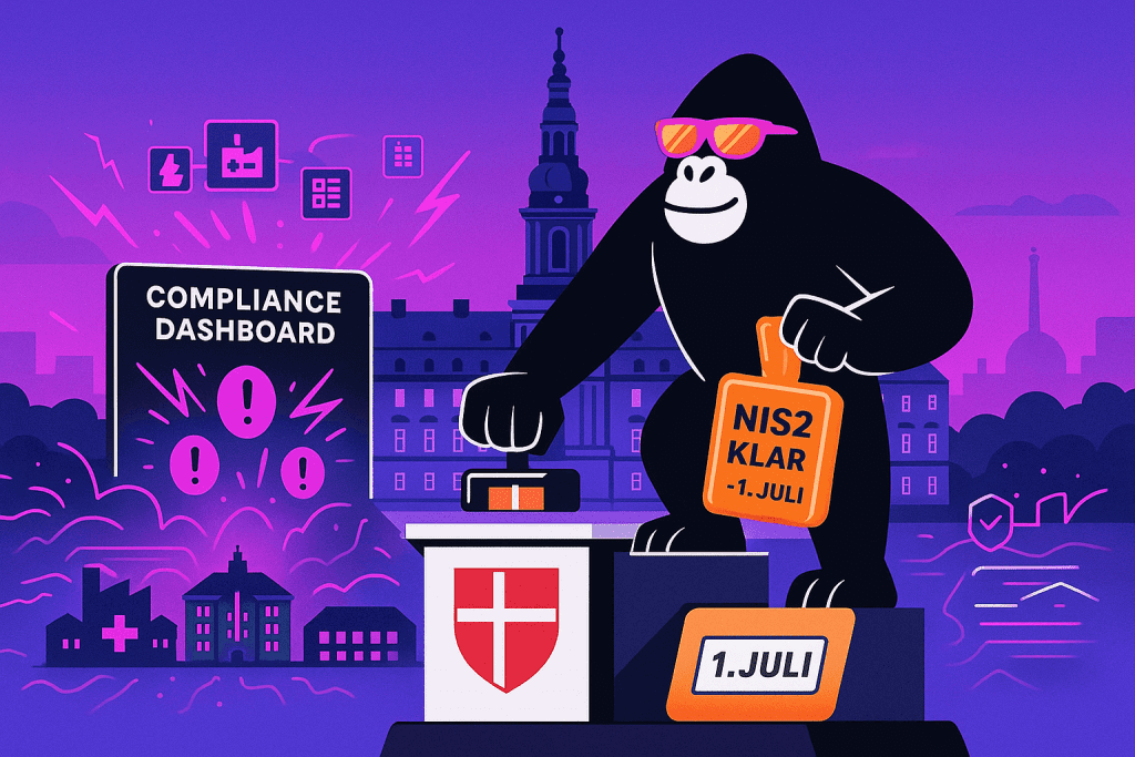 Gorilla presses button near dashboard showing alerts. Holds “NIS2 Klar – 1. Juli” sign in Danish cityscape, signaling NIS2 readiness by July 1.