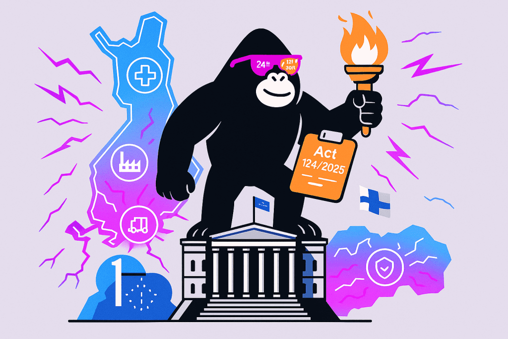 Gorilla with torch and “Act 124/2025” stands on Finnish parliament building, with icons of healthcare, industry, logistics, and cybersecurity around Finland.
