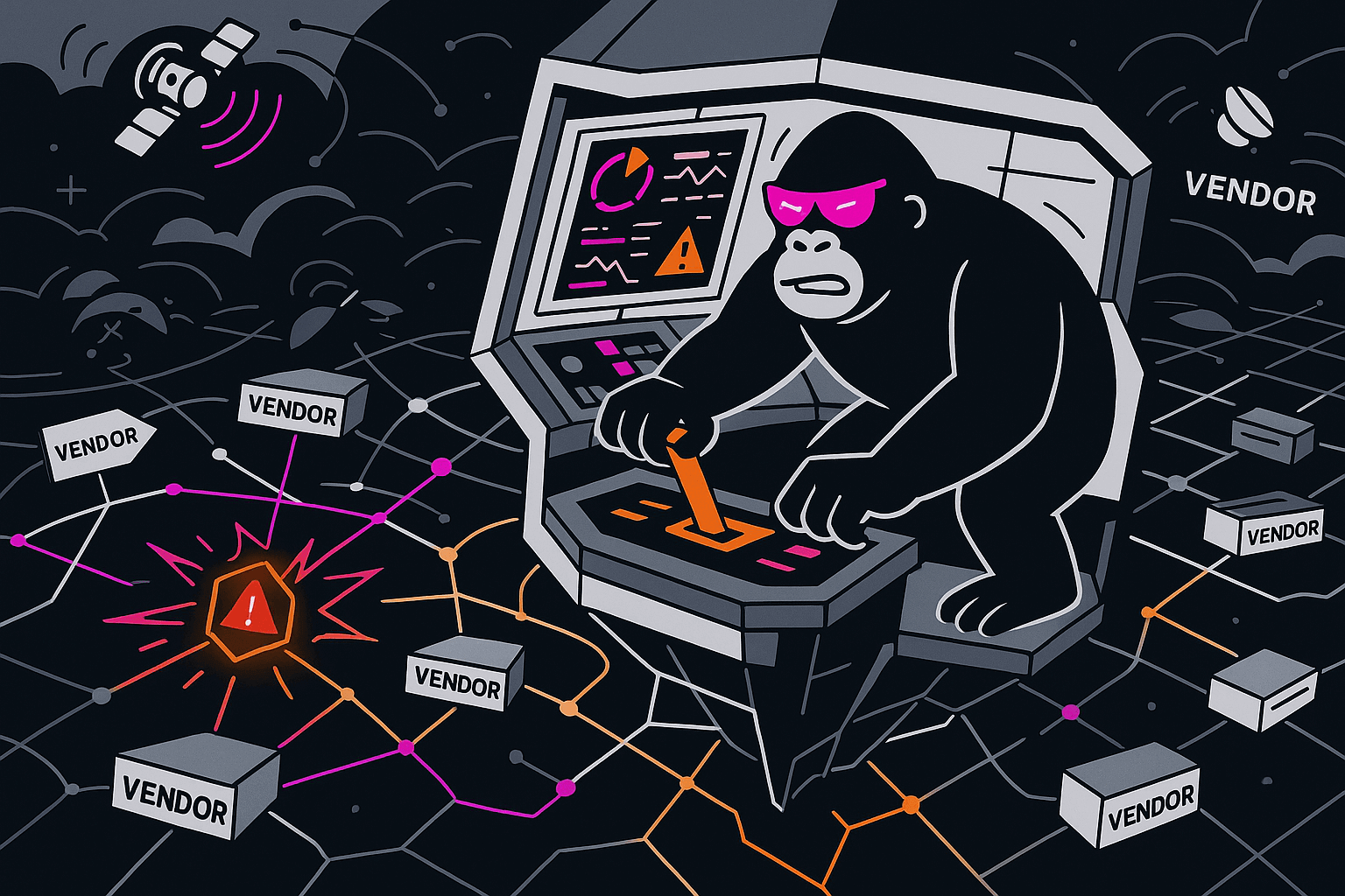 Gorilla in pink sunglasses controls a space-station-like console, managing a vendor network with a red alert at the center, surrounded by satellites and clouds.