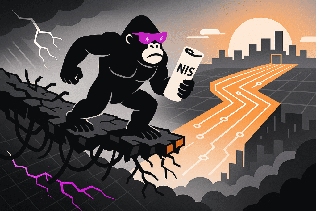 A gorilla in lightning sunglasses holds an NIS scroll on a crumbling cliff, eyeing a glowing path to a city under a dramatic sky.