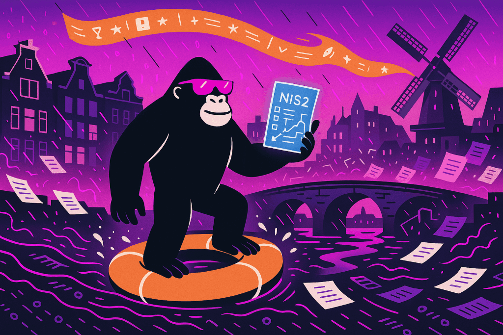 Gorilla holding a NIS2 report floats on a lifebuoy in flooded city with windmill and bridge, as documents swirl around in stormy compliance chaos.