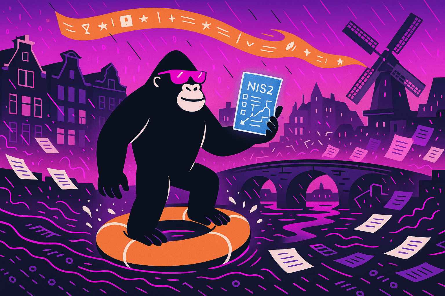 Gorilla holding a NIS2 report floats on a lifebuoy in flooded city with windmill and bridge, as documents swirl around in stormy compliance chaos.