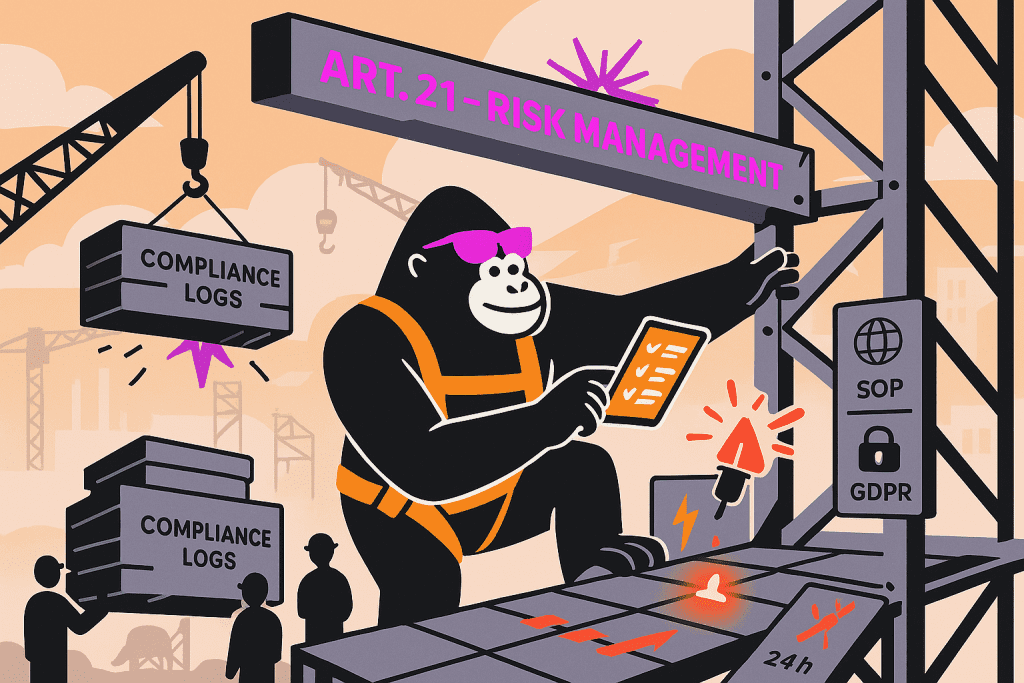 Gorilla in a harness checks a digital checklist on scaffolding labeled “Art. 21 – Risk Management,” while workers lift “Compliance Logs” at a site.