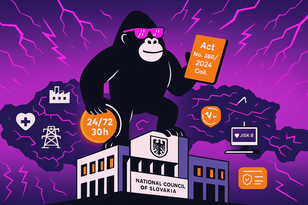 A gorilla holds Slovakia’s Act 366/2024 above the National Council, with icons for sectors, JISKB, and 24/72/30h reporting under NIS2 cybersecurity law.