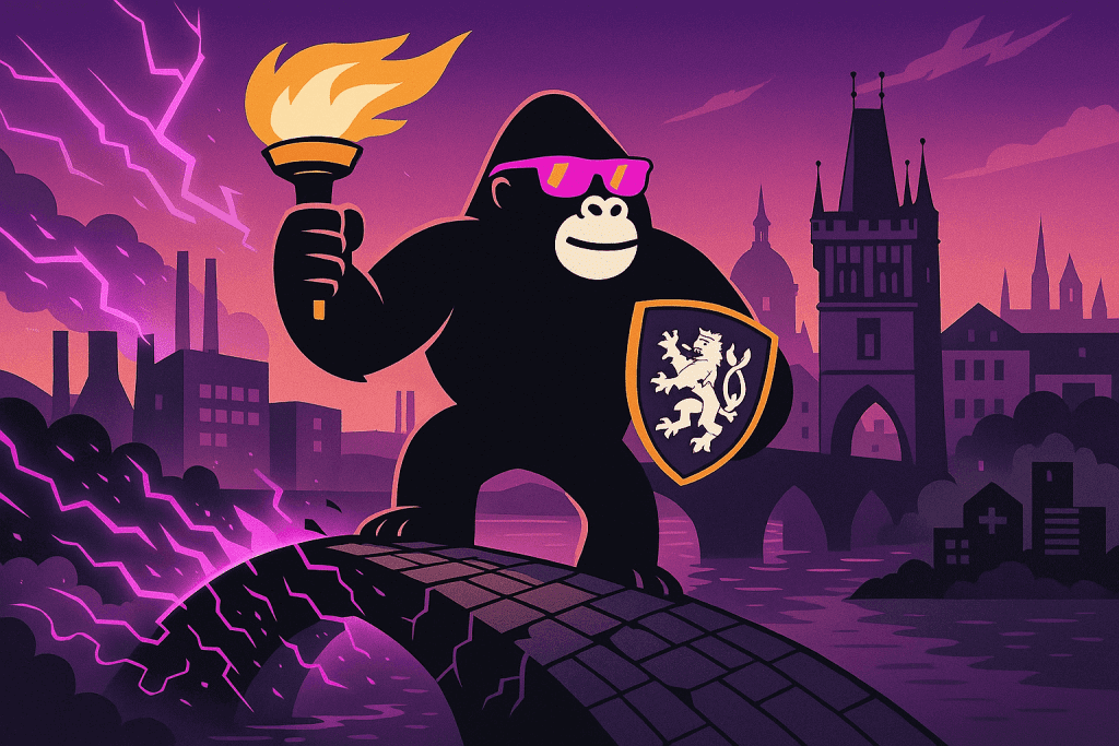 Gorilla holding a flaming torch and a lion-emblazoned shield stands on a cracked bridge in Prague, symbolizing NIS2 cybersecurity in the Czech Republic.