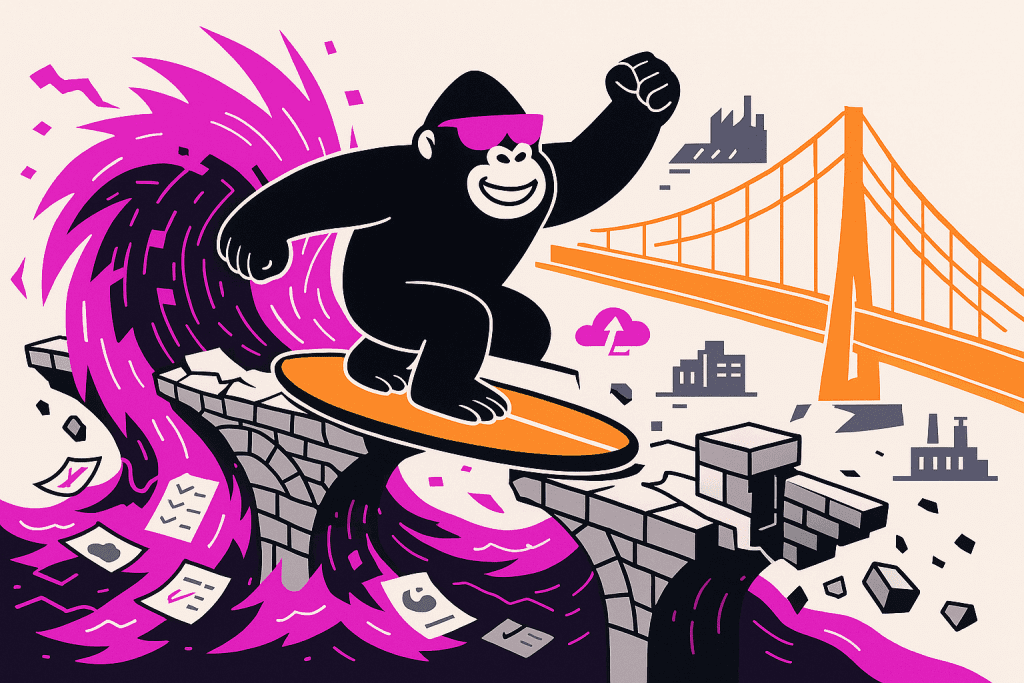 Gorilla with pink glasses surfs a purple data wave over a crumbling stone bridge toward a modern orange bridge, symbolizing the shift from NIS1 to NIS2.