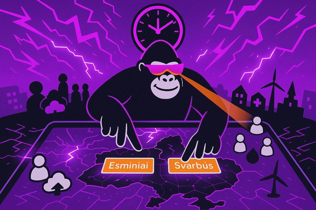 Gorilla points at a map of Lithuania, selecting "Esminiai" and "Svarbūs" sectors under lightning, with icons for cloud, health, water, and energy nearby.