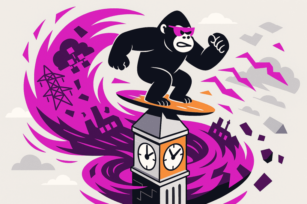 Gorilla with pink shades surfs a cyber storm above Big Ben, surrounded by collapsing buildings and power grids, symbolizing the NIS2 directive's urgency.