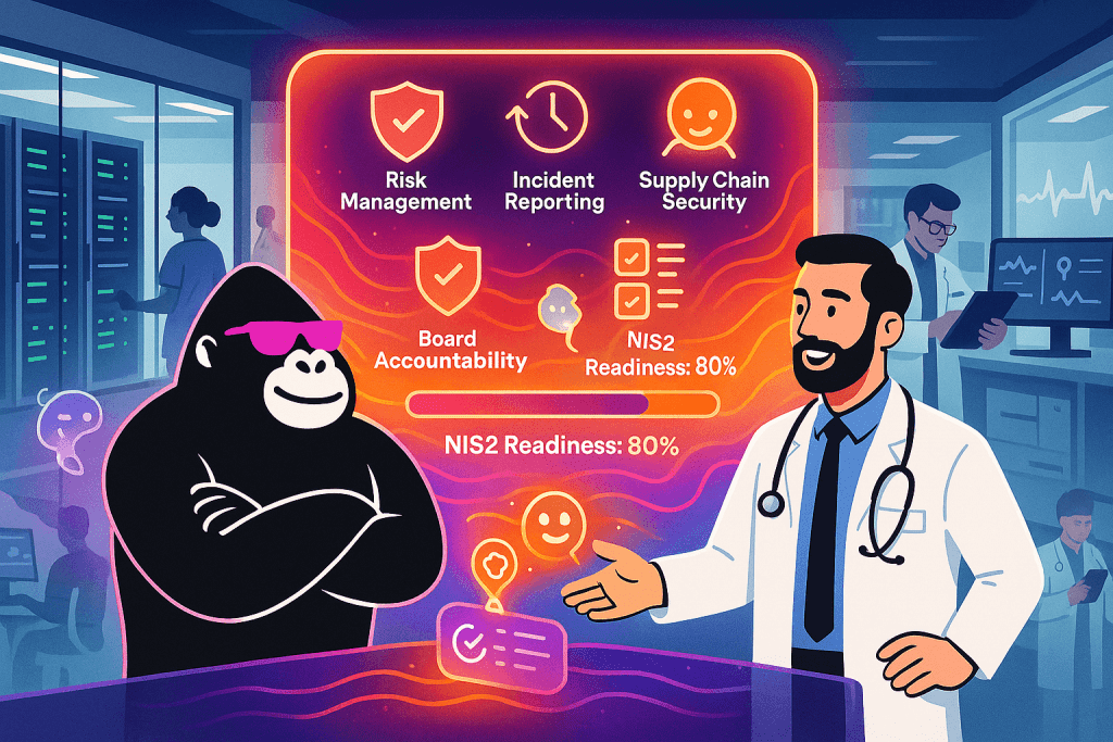 A gorilla and doctor discuss NIS2 readiness in a healthcare setting, highlighting risk management, incident reporting, and supply chain security at 80%.