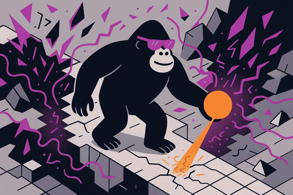 Stylized gorilla wearing purple sunglasses probing a grid-like floor with an orange rod, purple energy swirling behind.