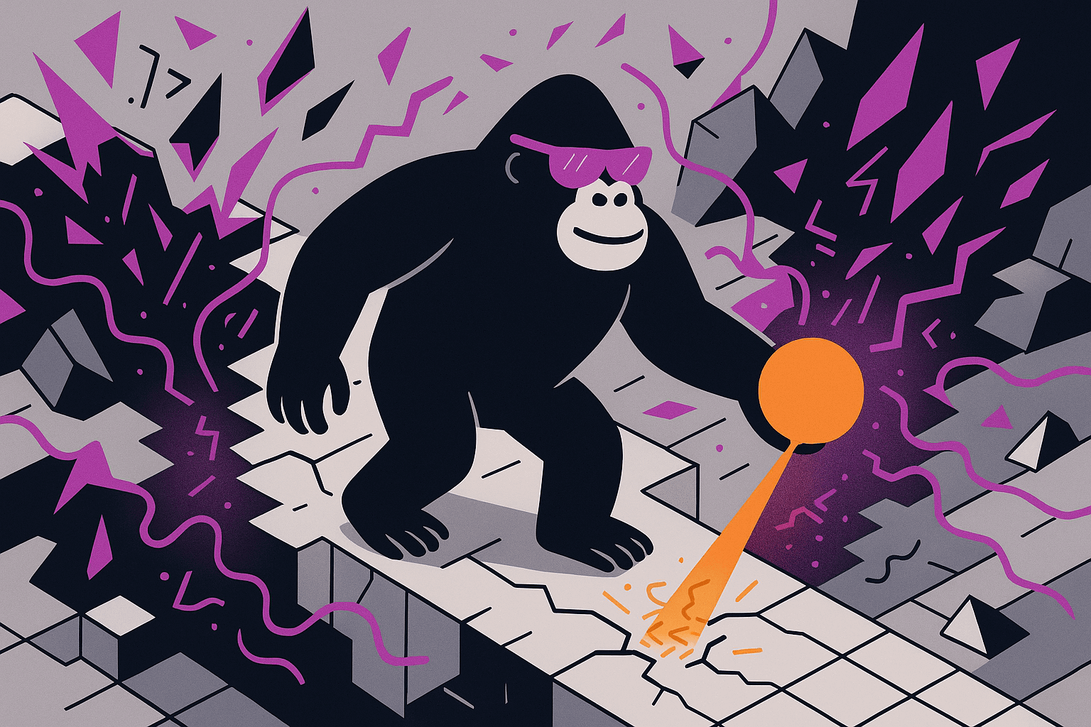 Stylized gorilla wearing purple sunglasses probing a grid-like floor with an orange rod, purple energy swirling behind.
