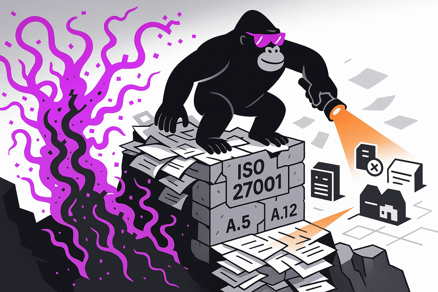 Stylized gorilla in sunglasses perched on ISO 27001 blocks shining a flashlight on documents and servers, with purple energy swirling at the edge.