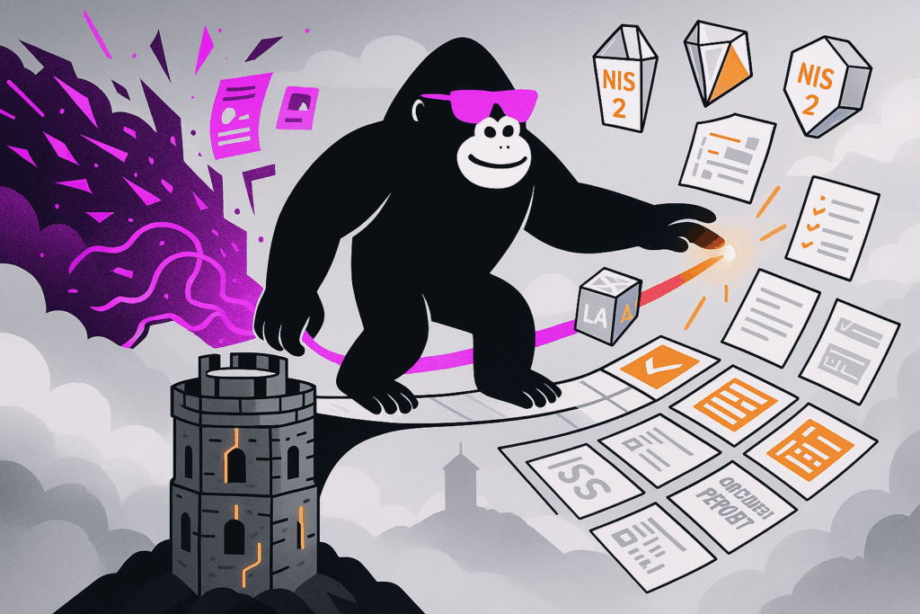 Gorilla in pink sunglasses steps off Vilnius castle tower, sparking floating ISO papers and NIS2 crystals among stormy purple clouds.
