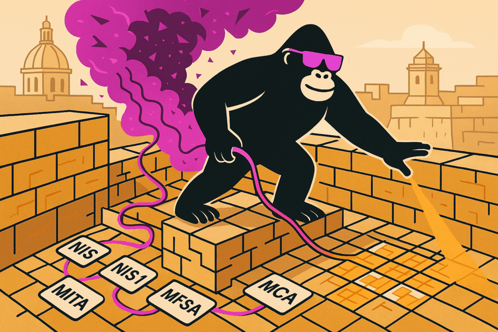 Cartoon gorilla in pink sunglasses scans Maltese stone wall with yellow beam; purple hose connects to tiles labeled NIS, NIS1, MFSA, MITA, MCA.