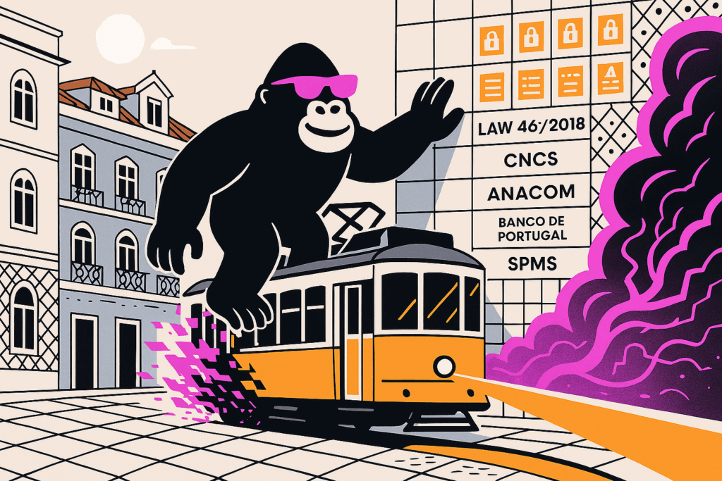 Black ape with pink sunglasses rides a yellow tram across a tiled plaza, trailing purple pixels and smoke by a wall listing Portuguese regulators.