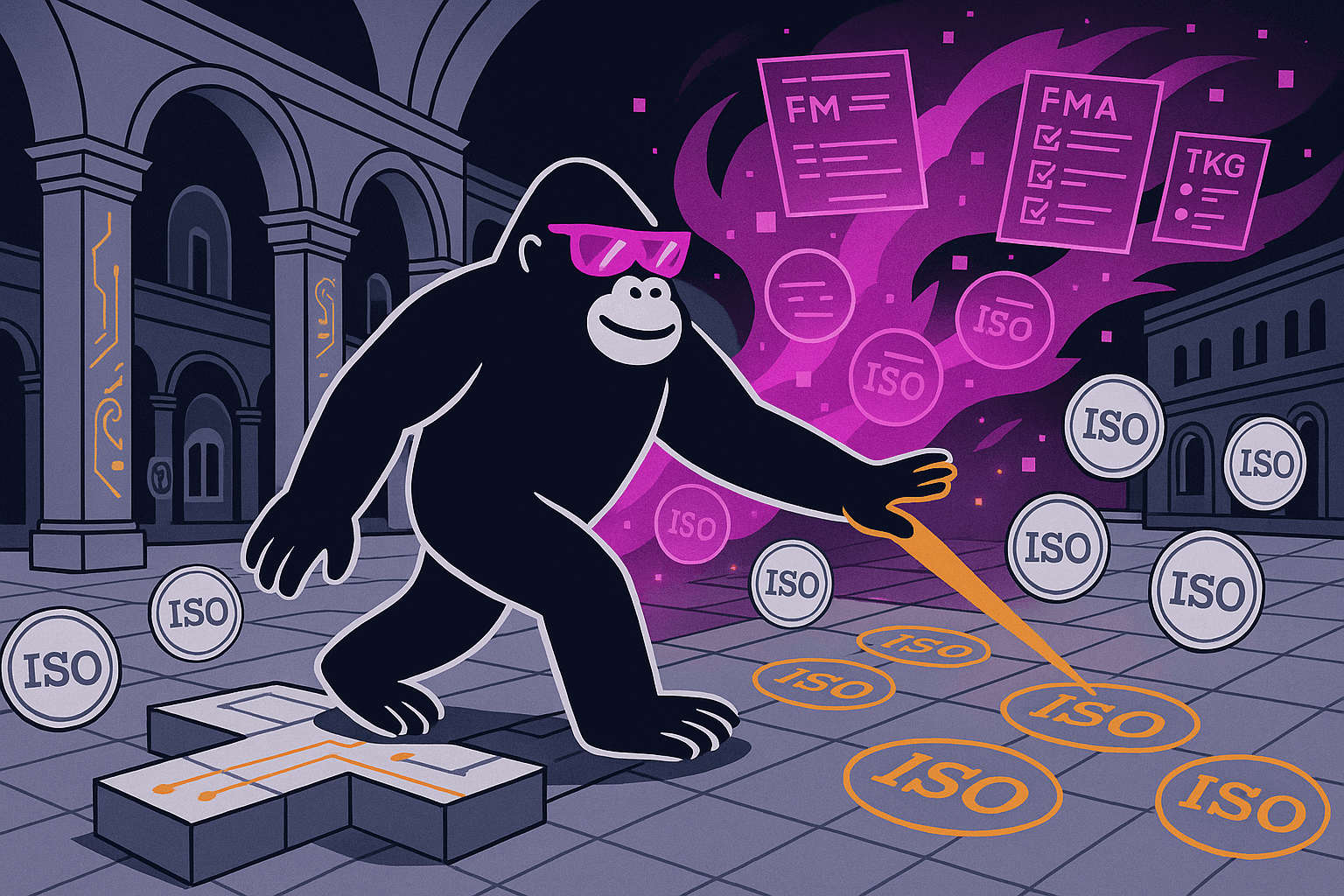 Black ape in pink sunglasses walks on a tiled courtyard, shining an orange beam at floating “ISO” coins and documents amid purple swirling smoke by grand archways.