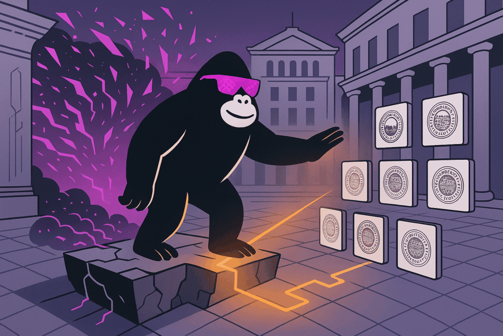 Stylized black ape in pink sunglasses stands on cracked stone, emitting an orange beam toward nine floating seal-emblazoned tiles, with purple smoke swirling behind.